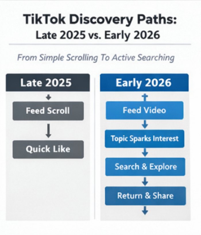 TikTok discovery path comparison showing shift from feed scrolling in 2025 to search and exploration behavior in early 2026