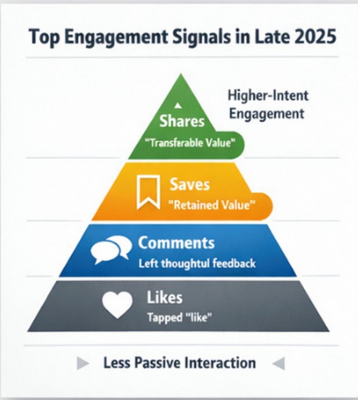 TikTok engagement hierarchy showing likes, comments, saves, and shares as increasing levels of interaction value in late 2025